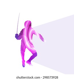 Fencing man silhouette vector background colorful concept made of transparent curved shapes
