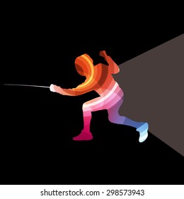 Fencing man silhouette vector background colorful concept made of transparent curved shapes