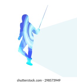 Fencing man silhouette vector background colorful concept made of transparent curved shapes