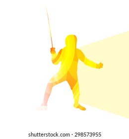 Fencing man silhouette vector background colorful concept made of transparent curved shapes