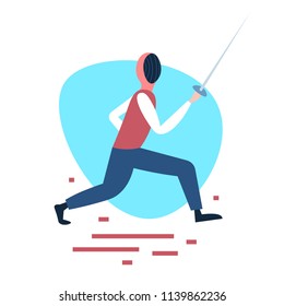 fencing man training swordsman white background male activity cartoon character full length flat vector illustration