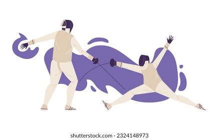 Fencing people in different poses flat style, vector illustration isolated on white background. Sport with swords, protective costumes with masks, decorative design element, professional