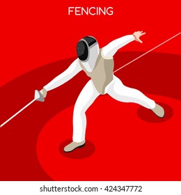 Fencing Player Fencer Swordsman Athletes Sportsman Games. 3D flat Isometric Athlete. Sporting Championship People Competition. Sport Infographic Fencing Player events set Vector illustration