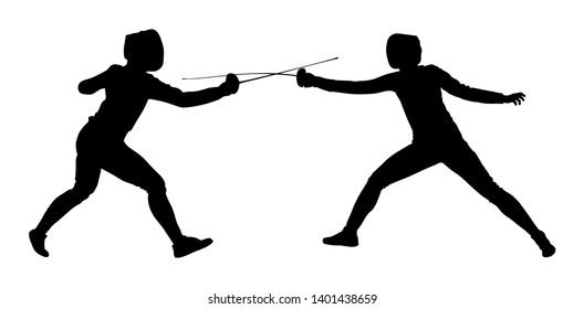 Fencing player fighting vector silhouette illustration isolated on white background. Fencing duel competition event. Sword fighting. Swordplay duel black shadow.Quick move game. Athlete man art figure