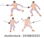 Fencing player with foil or rapier.Fencer cartoon man character.Fencing athlete during fight.Vector flat illustration.Isolated on white background.Fencing sport.