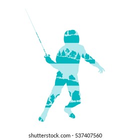 Fencing player man vector background poster illustration concept made of forest trees fragments isolated on white