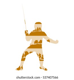 Fencing player man vector background poster illustration concept made of forest trees fragments isolated on white