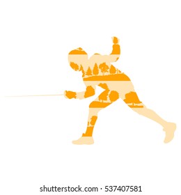 Fencing player man vector background poster illustration concept made of forest trees fragments isolated on white
