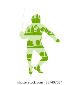 Fencing player man vector background poster illustration concept made of forest trees fragments isolated on white
