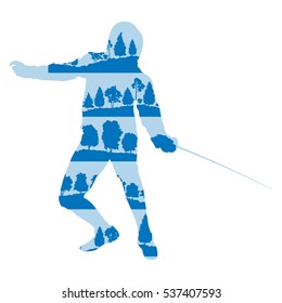 Fencing player man vector background poster illustration concept made of forest trees fragments isolated on white