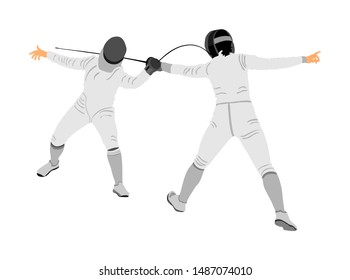 Fencing player portrait vector illustration isolated on white background. Fencing duel competition event. Sword fighting. Swordplay duel black shadow. Quick move sport game. Athlete man art figure.