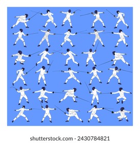 Ilustración vectorial de retrato de jugador de esgrima aislado sobre fondo azul. Evento de competición de duelo de esgrima. Pelea de espadas. Swordplay duelo sombra negra. Juego deportivo de movimiento rápido. Figura artística del hombre atleta.