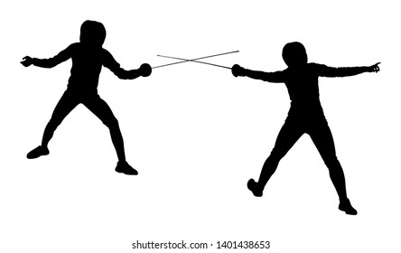 Fencing player portrait vector silhouette illustration isolated on white background. Fencing duel competition event. Sword fighting. Swordplay duel black shadow.Quick move game. Athlete man art figure