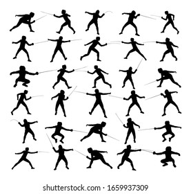 Fencing player portrait vector silhouette isolated on white background. Fencing duel competition event. Sword fighting. Swordplay duel black shadow. Quick move sport game. Athlete man art figure.