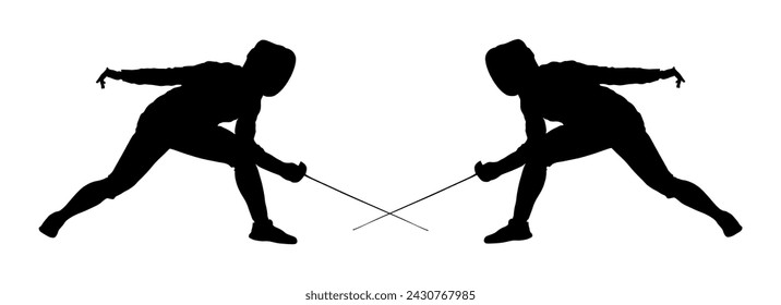 Fencing player portrait vector silhouette isolated on white background. Fencing duel competition event. Sword fighting. Swordplay duel black shadow. Quick move sport game. Athlete man art figure.