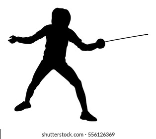 Fencing player portrait vector silhouette illustration isolated on white background. Fencing competition event. Sword fighting. Swordplay training black shadow. Quick move game. Athlete man art figure