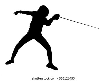 Fencing player portrait vector silhouette illustration isolated on white background. Fencing competition event. Sword fighting. Swordplay training black shadow. Quick move game. Athlete man art figure