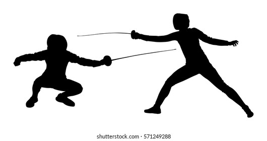 Fencing player portrait vector silhouette illustration isolated on white background. Fencing duel competition event. Sword fighting. Swordplay duel black shadow.Quick move game. Athlete man art figure