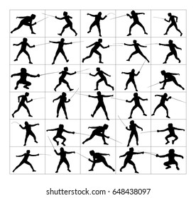 Fencing player portrait vector silhouette illustration isolated on white background. Fencing duel competition event. Sword fighting. 