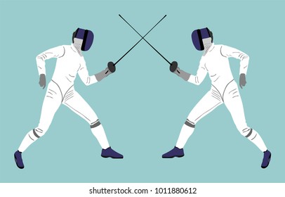 Fencing players vector illustration isolated on background. Fencing duel competition. Sword fighting. Swordplay duel. Quick move game. Athlete man figure. Sportsman in battle. Olympic game discipline.