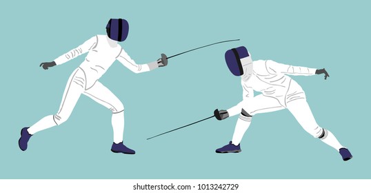 Fencing players vector illustration isolated on background. Fencing duel competition. Sword fighting. Swordplay duel. Quick move game. Athlete man figure. Sportsman in battle. Olympic game discipline.