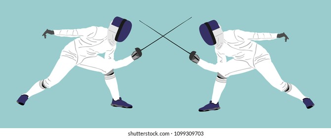 Fencing players vector illustration isolated on background. Fencing duel competition. Sword fighting. Swordplay duel. Quick move game. Athlete man figure. Sportsman in battle. Olympic game discipline.