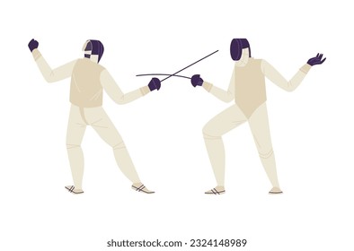 Fencing players vector illustration isolated on white background. Fencing duel competition event. Sword fighting. Sport game workout. Athlete men art figures in white suits and protective equipment