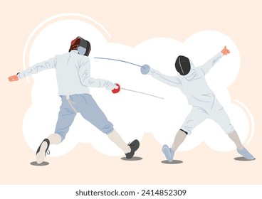 Fencing players vector illustration isolated on white background. Fencing duel competition event. Sword fighting. Sport game workout. Athlete men art figures in white suits and protective equipment