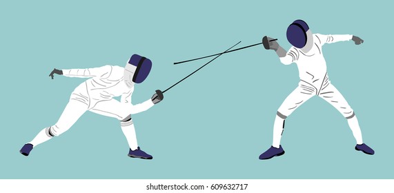 Fencing players vector illustration isolated on background. Fencing duel competition. Sword fighting. Swordplay duel. Quick move game. Athlete man figure. Sportsman in battle. Olympic game discipline.