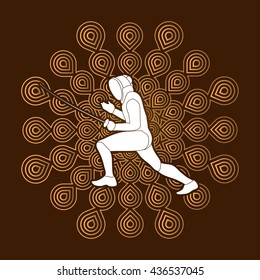 Fencing pose designed on fireworks background graphic vector