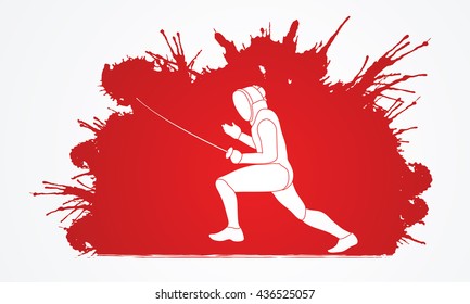 Fencing pose designed on grunge splash blood background graphic vector