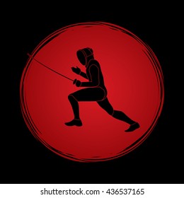 Fencing pose designed on grunge circle background graphic vector