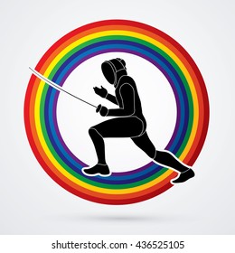 Fencing pose designed on line rainbows background graphic vector