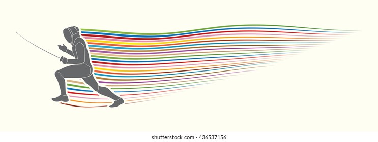 Fencing pose with line rainbow movement graphic vector