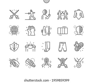 Fencing. Fencing protective clothing. Swordsman, fencer with epee. Competition, defeat, training and tournament. Pixel Perfect Vector Thin Line Icons. Simple Minimal Pictogram
