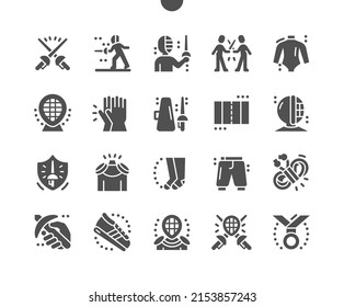 Fencing. Fencing protective clothing. Swordsman, fencer with epee. Competition, defeat, training and tournament. Vector Solid Icons. Simple Pictogram