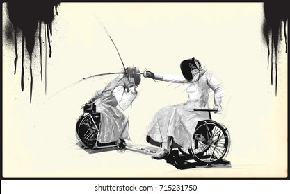 FENCING. From the series SILENT HEROES - Athletes with physical disabilities. An hand drawn vector. Note - Any accurate photo original for this picture, original is created by me.