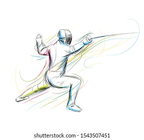 Fencing, sport figure drawing with lines vector sketch illustration