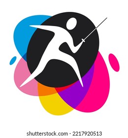 Fencing sport graphic with colorful design elements.