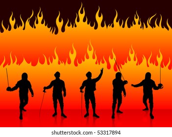 Fencing Sport on Fire Background Original Illustration