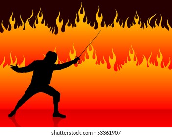 Esgrima deportiva sobre fondo de fuego Ilustración original