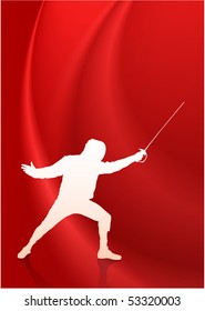 Fencing Sport on Flowing Red Background Original Illustration