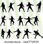 Fencing sport silhouette vector background set