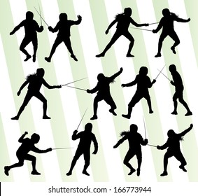 Fencing sport silhouette vector background set