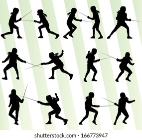 Fencing sport silhouette vector background set