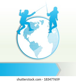 Fencing sport silhouette vector background concept with globe