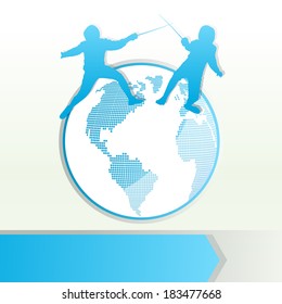 Fencing sport silhouette vector background concept with globe