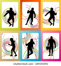 Fencing sport silhouette vector background set concept