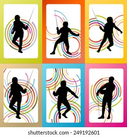 Fencing sport silhouette vector background set concept