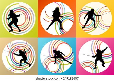Fencing sport silhouette vector background set concept